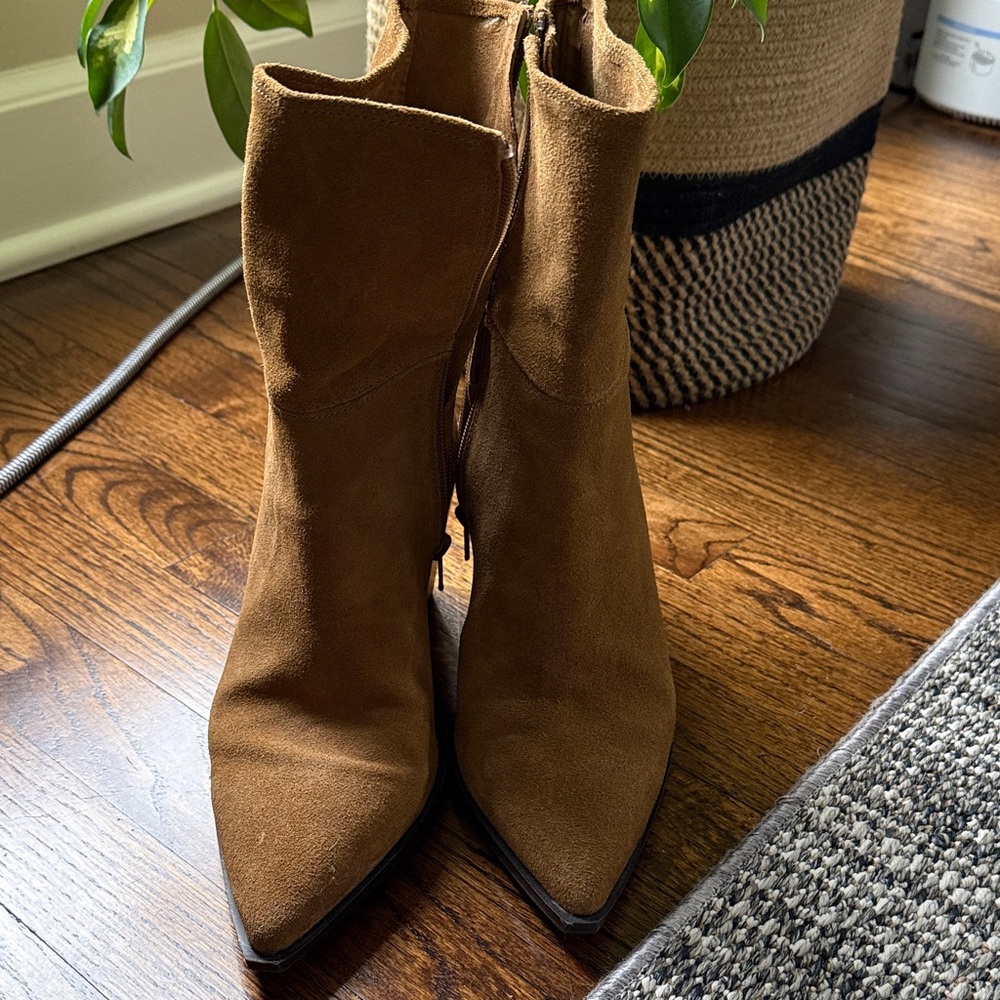 Zara Tan Suede Pointed-Toe Ankle Boots with Side Zip